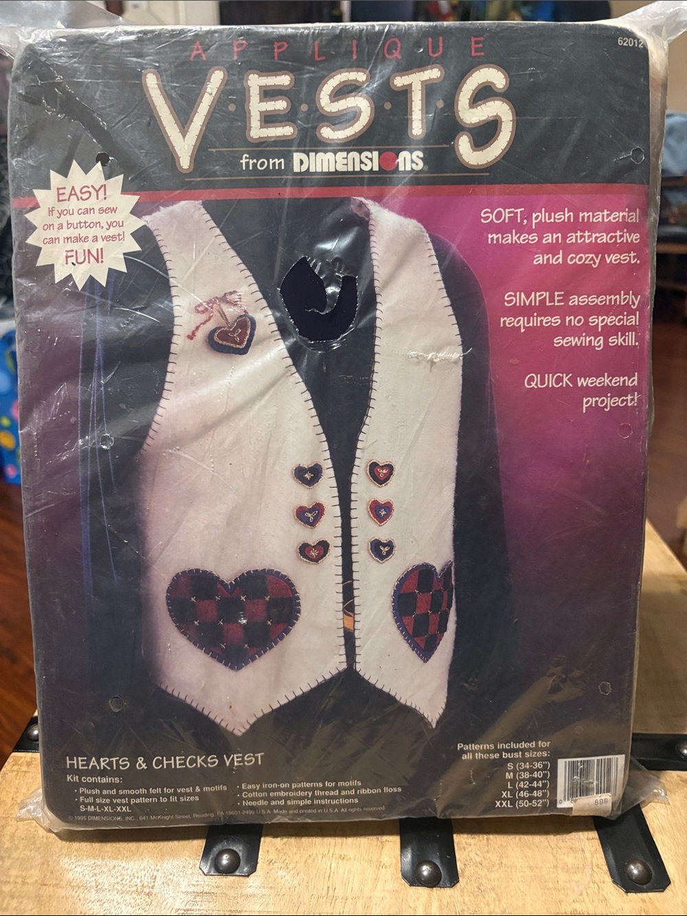 Vintage 1995 Dimensions Hearts & Checks Appliqué Vest Kit — Cream